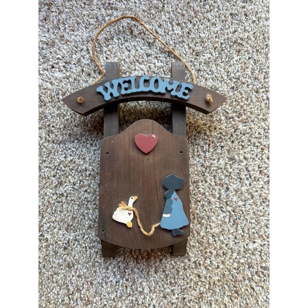 VTG Welcome Geese  heart with girl welcome sled Door Hanger Cottagecore